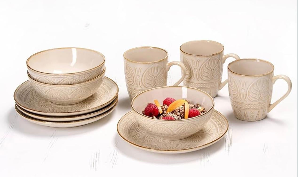 Beige Ontbijtservice met Reliëf – 12-delig